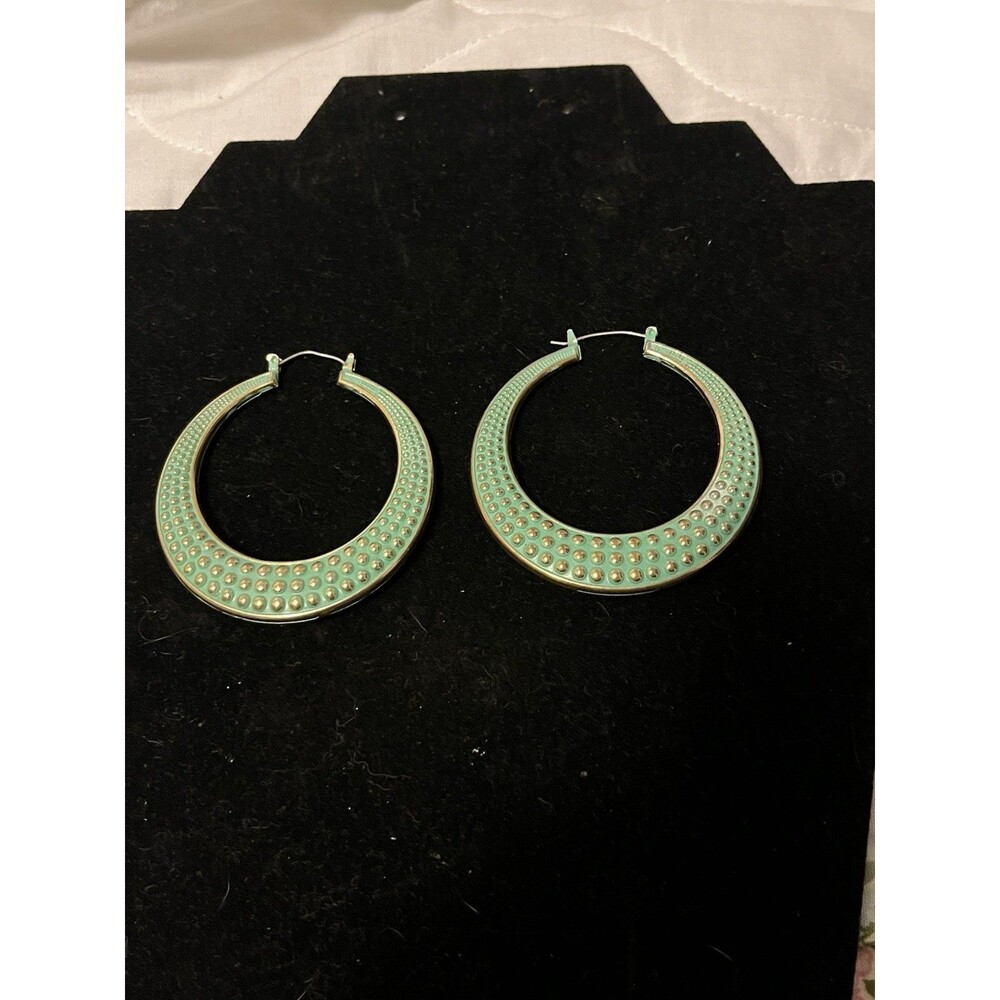 Vintage Green Enamel Hoop Earrings Silver Tone Two Tone Green Huggie Hoops
